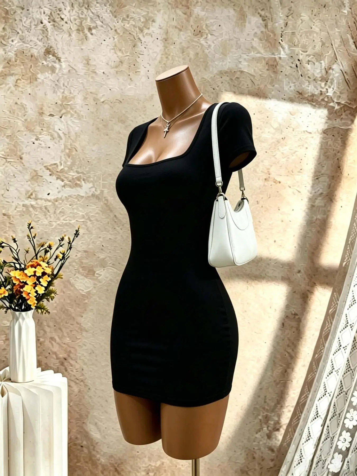 Women Square Neck Short Sleeve Bodycon Mini Dress Solid Black Slim Fit Pencil Club… - Image 4