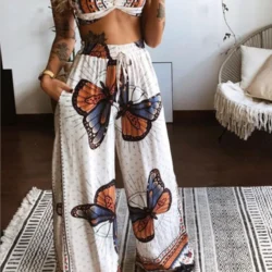 Sexy Two Piece Set Women Outfit 2025 Summer Butterfly Print V-Neck Cropped Top…