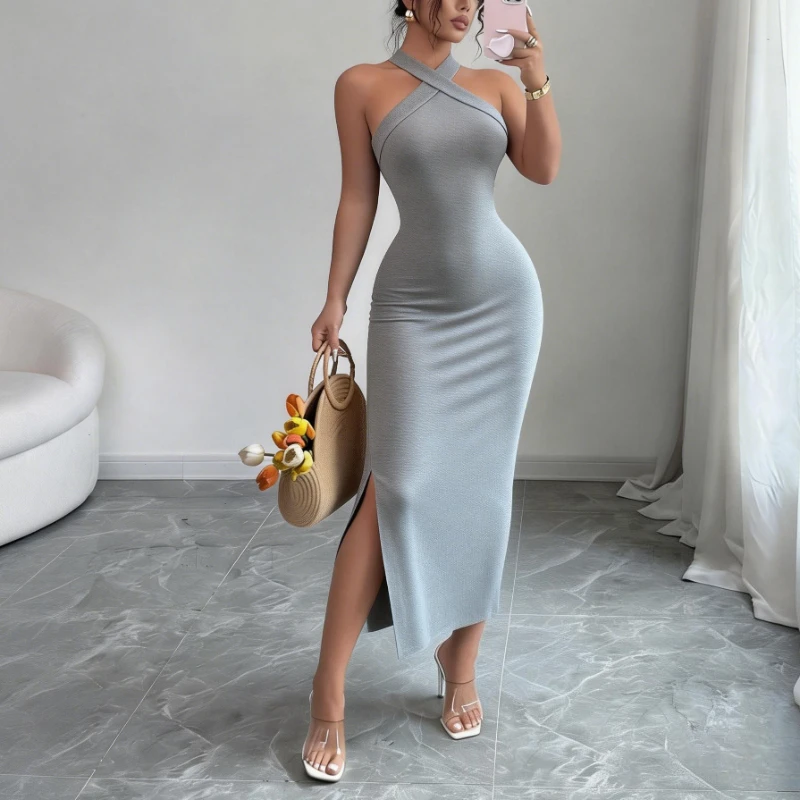 Women's Burgundy Halter Neck Sleeveless Stretchy Knit Bodycon Midi Dress Side Slit… - Image 9