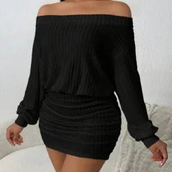 One-Shoulder Puffy Solid Color Casual Multi-Functional Long-Sleeved Knitted Dress
