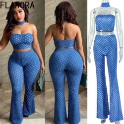 FLARORA Trend Blue Polka Dot Print 3 Piece Set Woman Sexy Tube Crop Tops+High…