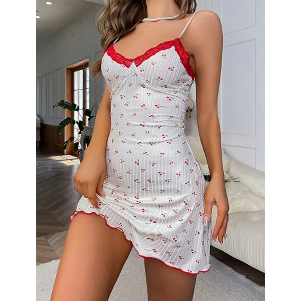 Elegant Heart Print Pajamas Dress Sleeveless V-Neck Nightgown Breathable Slim Fit… - Image 13