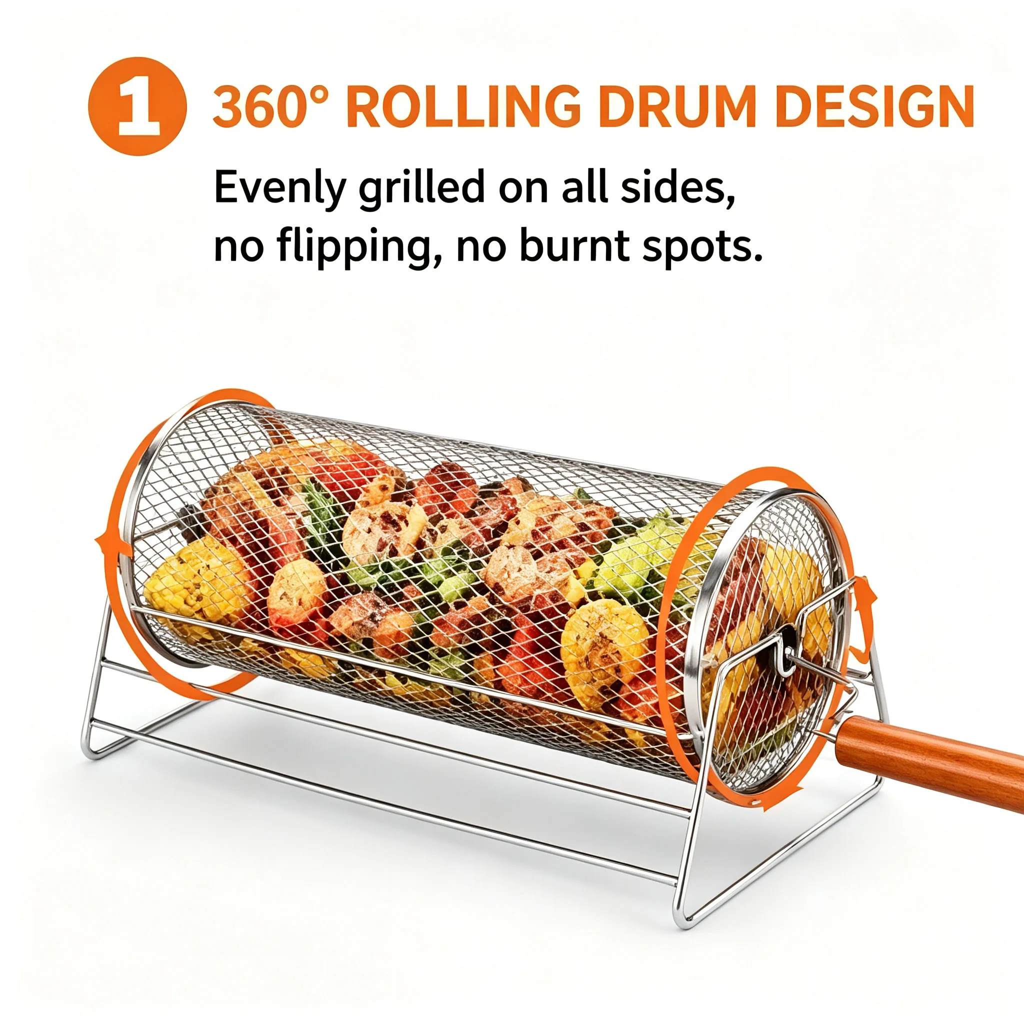 Rolling BBQ Grill Basket Cylinder Rotating 430 Stainless Steel Wooden Handle for… - Image 6