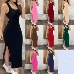 Hot girl style cutout slit dress, slim stretch U-neck tank long bodycon skirt
