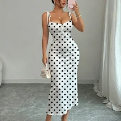 Black Polka Dot Fishtail Dress on White Background, with Double Shoulder Bow Ties…
