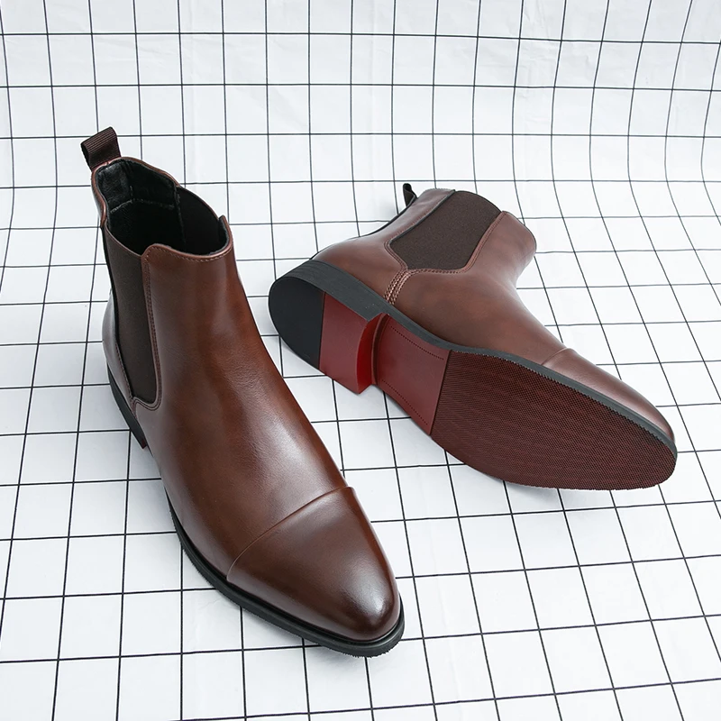 Chelsea Boots for Men Red Sole Pu Ankle Business Round Toe Slip-On Mens Boots Free Shipping Size 38-46 Men Shoes - Image 7
