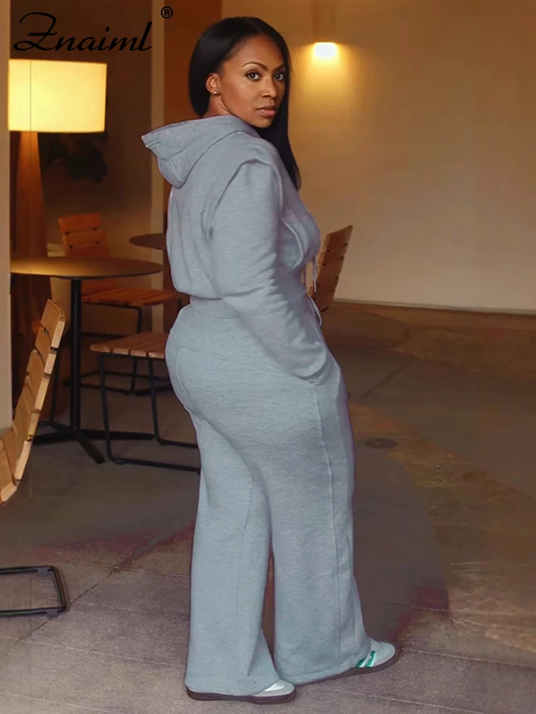 Znaiml Gray Outfit Women Sport Two 2 Piece Winter Sweatshirt Hoodies Tops and Wide… - Image 2