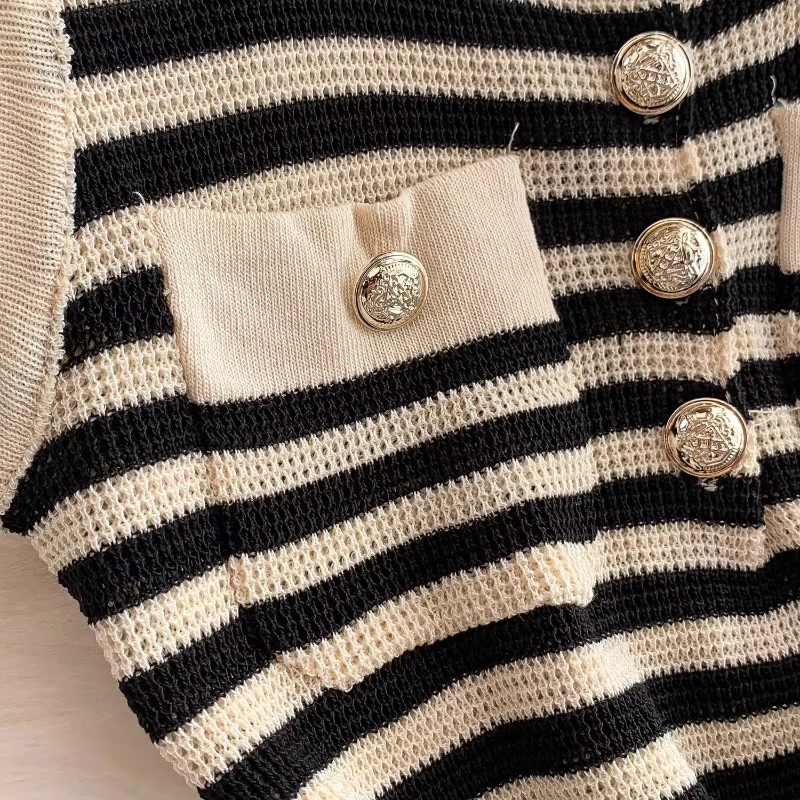 Women's Black White Stripe Sleeveless U Neck Button Sundress Stretchy Knit Bodycon… - Image 5