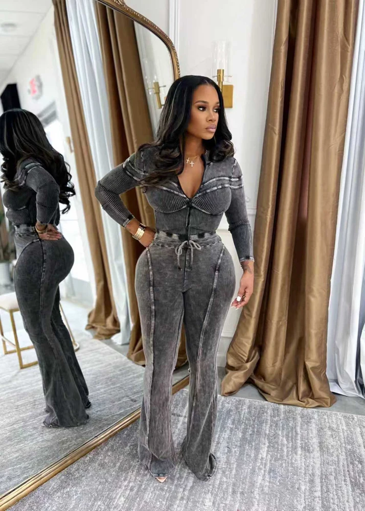 Trends 2026 Women's Sets Acid Washed Long Sleeve Zip Tops and Flare Pants Suit… - Image 11