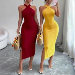 Women's Burgundy Halter Neck Sleeveless Stretchy Knit Bodycon Midi Dress Side Slit…