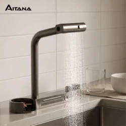 Brass Gun Gray Pull Out Kitchen Sink Faucet Single Hole Cold Hot Water Mixer…