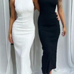 Sexy Women Long Dress Ruched Sleeveless Slim Solid Summer Party Back Split Dress…