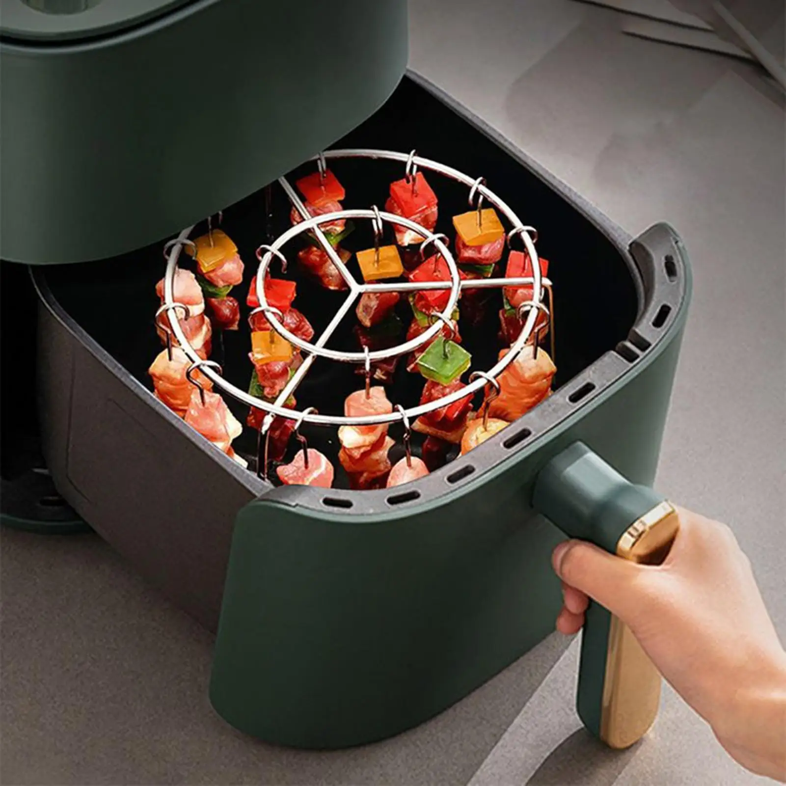 Portable Stainless Steel Air Fryer Grill Round with Grilled Skewers Hanging… - Image 3