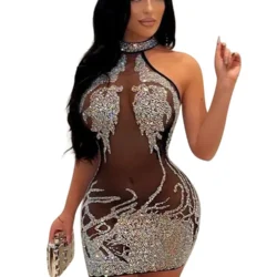 Sexy Mesh Rhinestone Short Prom Evening Mini Dress See Through Outfits Luxury For…