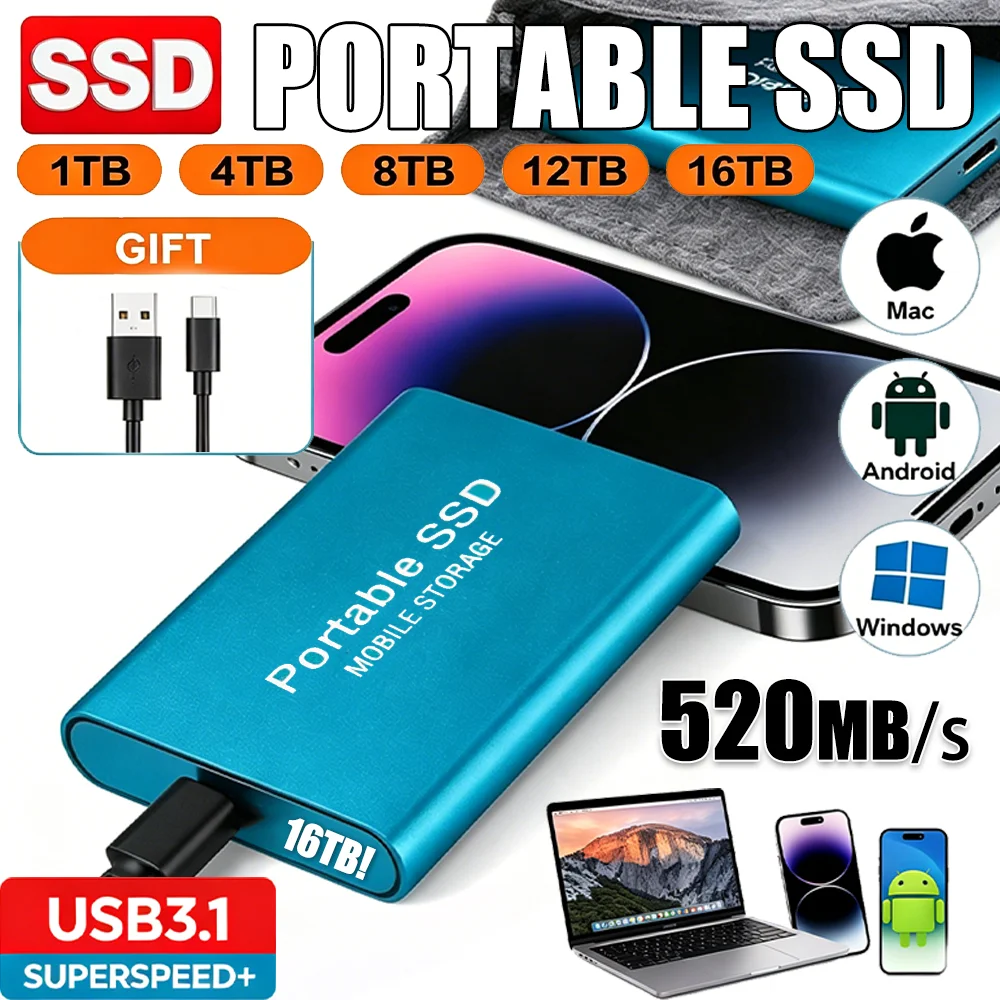 Universal Compatibility Portable SSD USB3.1 Type-C External Hard Drive Works With…