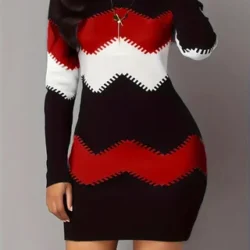 Round neck long sleeved hip hugging short skirt elastic slim fit women's autumn…