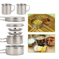 Camping Cookware Mess Kit 8PCS Stainless Steel Cooking Pot and Pan Set with Plates…