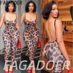 FAGADOER 2026 Sexy Leopard Print Bodycon Jumpsuits Women Fashion Spaghetti Strap…