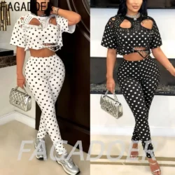 FAGADOER Retro Polka Dot Pants 2 Peice Sets Y2K Streetwear Hollow Out Pin Crop Top…