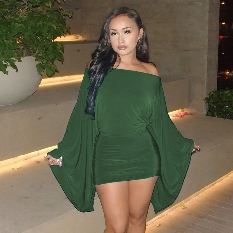 Hugcitar Solid Long Cloak Sleeve Sexy Loose Sexy Ruched Sexy Bodycon Mini Dress… - Image 52