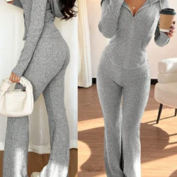 Women's Ribbed Knit Hooded Zip-Up Short Jacket Set, Slim-Fit Long-Sleeve Top…
