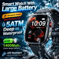 New1400mAh Large Battery Smart Watch 5ATM Waterproof LED Flashlight 100+ Sports Modes Heart Rate Fitness Tracker Men Smart Watch