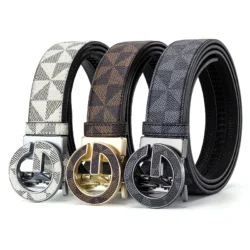 Men's Luxury Automatic Buckle Belt Classic Triangle Pattern PU Leather Business Casual Waistband for Jeans