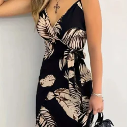 Women's Floral Print Spaghetti Strap Mini Dress Casual Tie-Front Detail…
