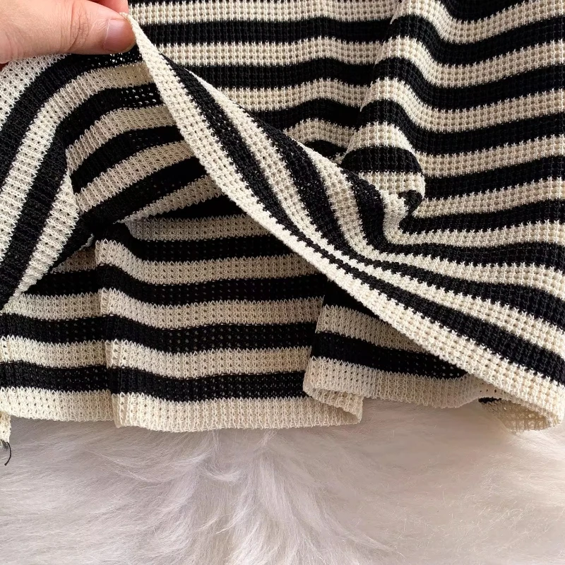 Women's Black White Stripe Sleeveless U Neck Button Sundress Stretchy Knit Bodycon… - Image 6