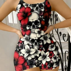 Retro Floral Skull Slimming Jumpsuit Street Style Elastic Fit Tight Suspender…
