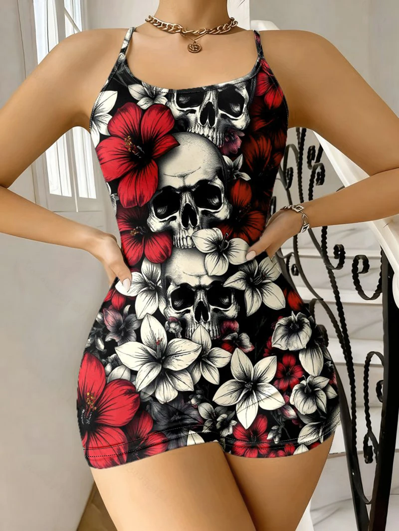 Retro Floral Skull Slimming Jumpsuit Street Style Elastic Fit Tight Suspender…