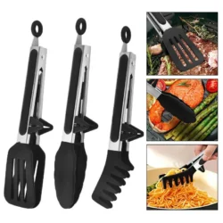 3pcs Silicone Kitchen Cooking Tongs Set Stainless Steel Nonstick Food Tongs…