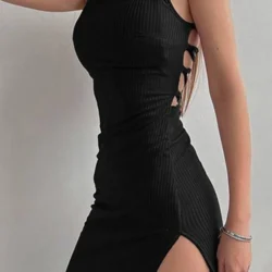 Sexy Black Long Bodycon Dress Women Summer Sleeveless Blackless Halter Neck…