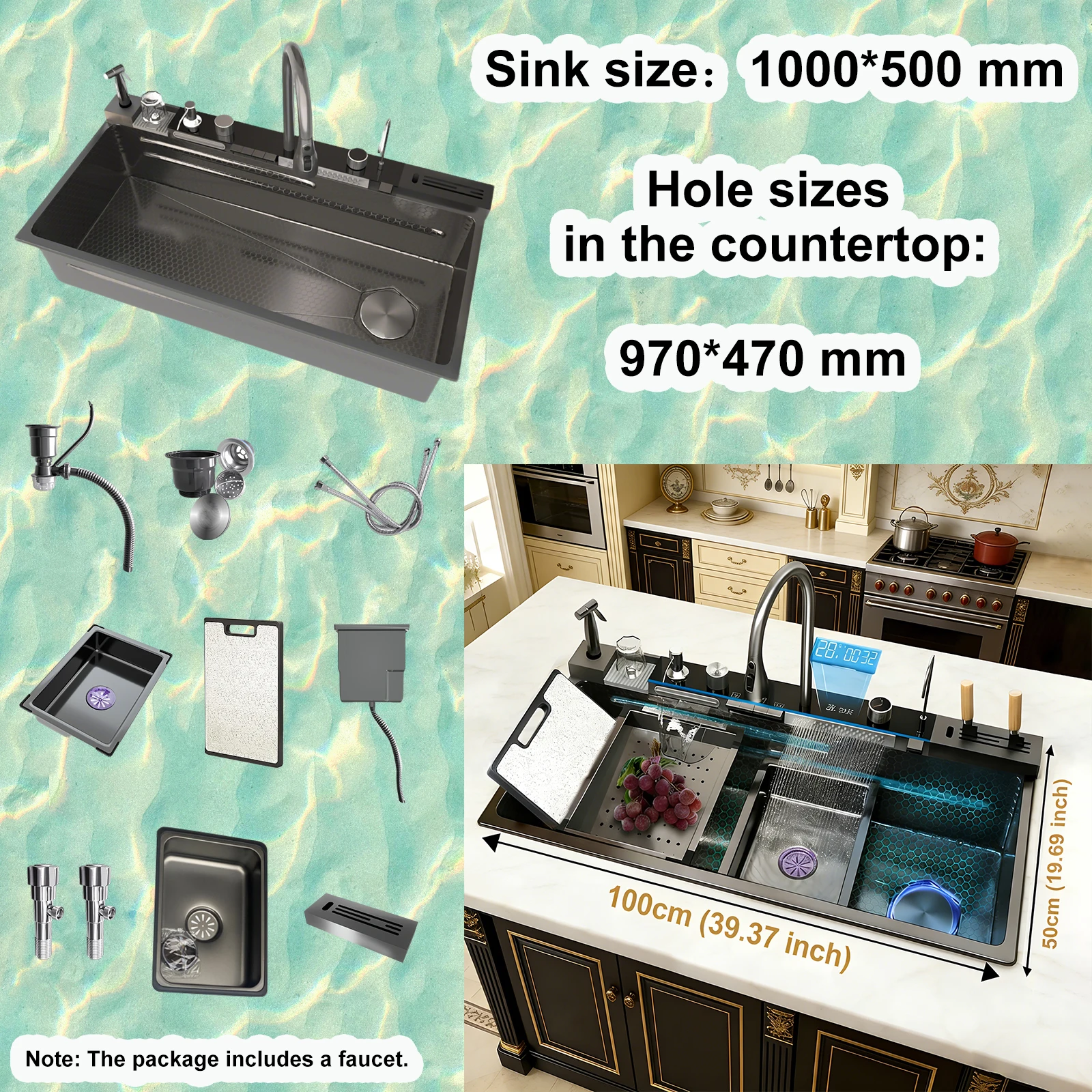 Multifunctional Sinks Stainless Steel Waterfall Kitchen Sink Includes 120 × 50… - Image 7