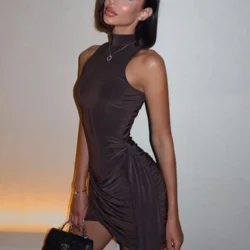 Mozision Turtleneck Sleeveless Sexy Mini Dress For Women Fashion Irregular Ruched…
