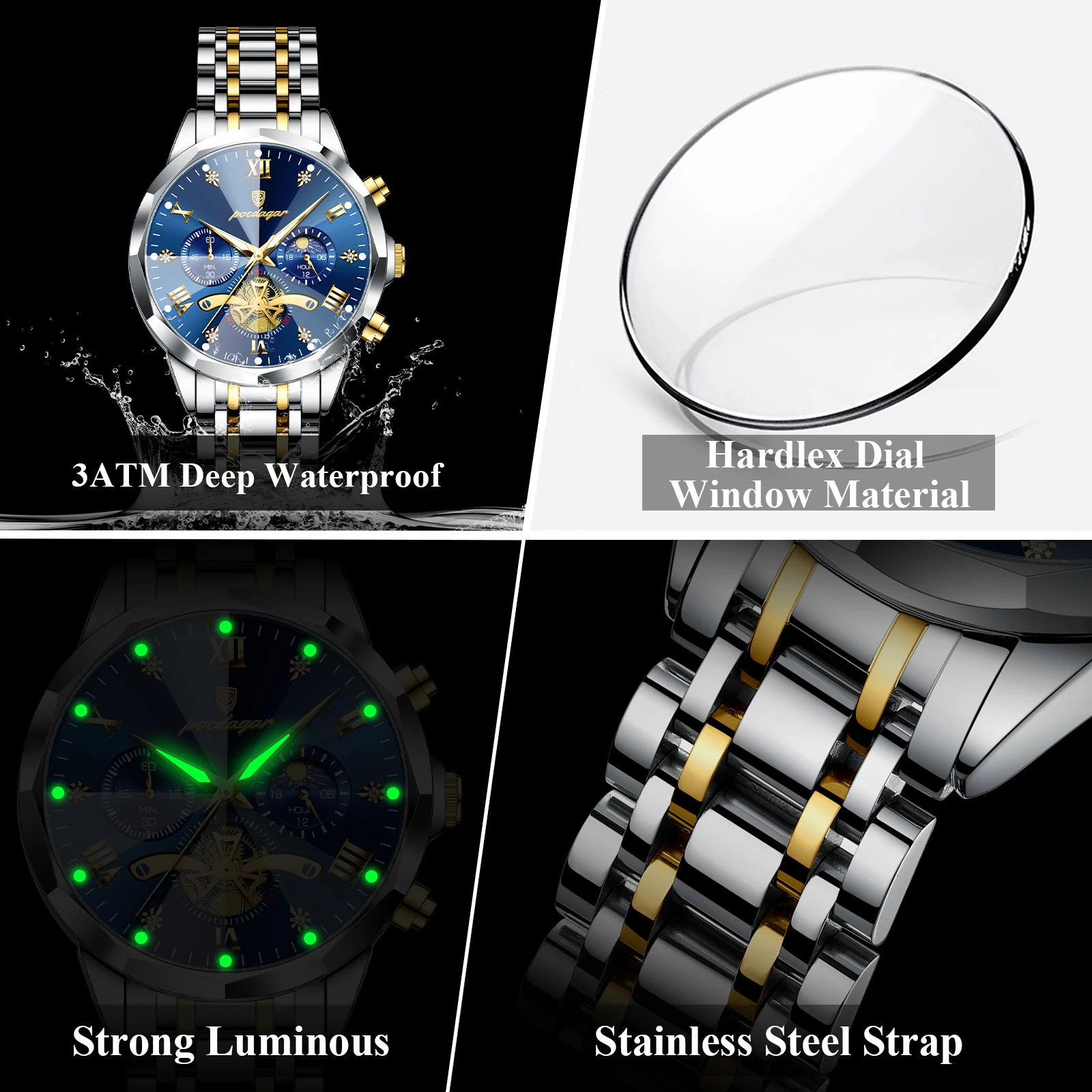 POEDAGAR Luxury Men Watch Top Original Waterproof Luminous Chronograph Man Wristwatch Stainless Steel Quartz Men's Watches Reloj - Image 4