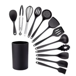 Black Silicone Cooking Utensils Set Non-Stick Pan Baking Tools Kitchenware Slotted…