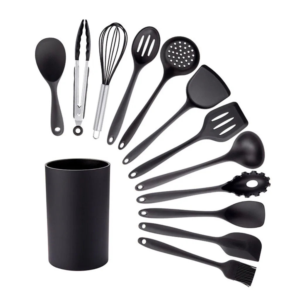 Black Silicone Cooking Utensils Set Non-Stick Pan Baking Tools Kitchenware Slotted…