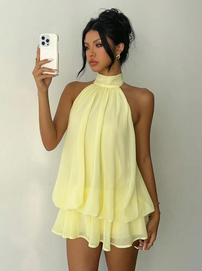 Women's Vacation Slim Fit Fashion Sexy Backless Halter Tie Waist Versatile Solid…