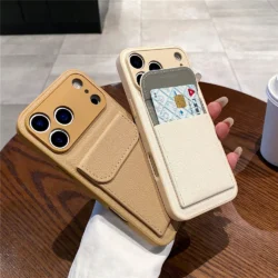 luxury Leather Card Holder Wallet Case For iPhone 11 12 13 mini 14 15 16 E 17 Pro Max 8 7 Plus X Camera Lens Protection Cover