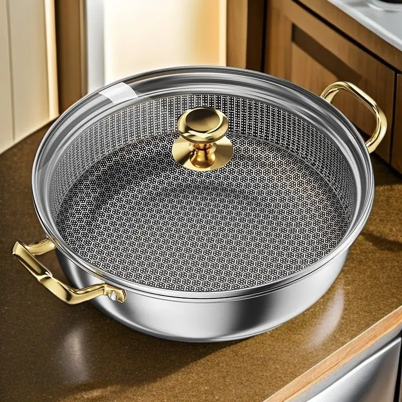 Stainless Steel Soup Pot Wok Non-stick Honeycomb with lid 28cm/30cm Home Hot Pot…