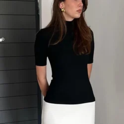 Summer 2025 Turtleneck Half Sleeve Mini Dresses French Style Fashion Elegant Black…