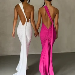 Hugcitar One Shoulder Backless Adjustable Scarf Loop Ruched Sexy Maxi Dress Women…