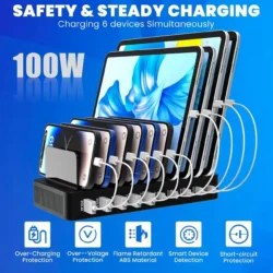 Multi-Port 100W Charger: 5 USB & 5 Type-C Ports Stand Design Supports 10 Devices…
