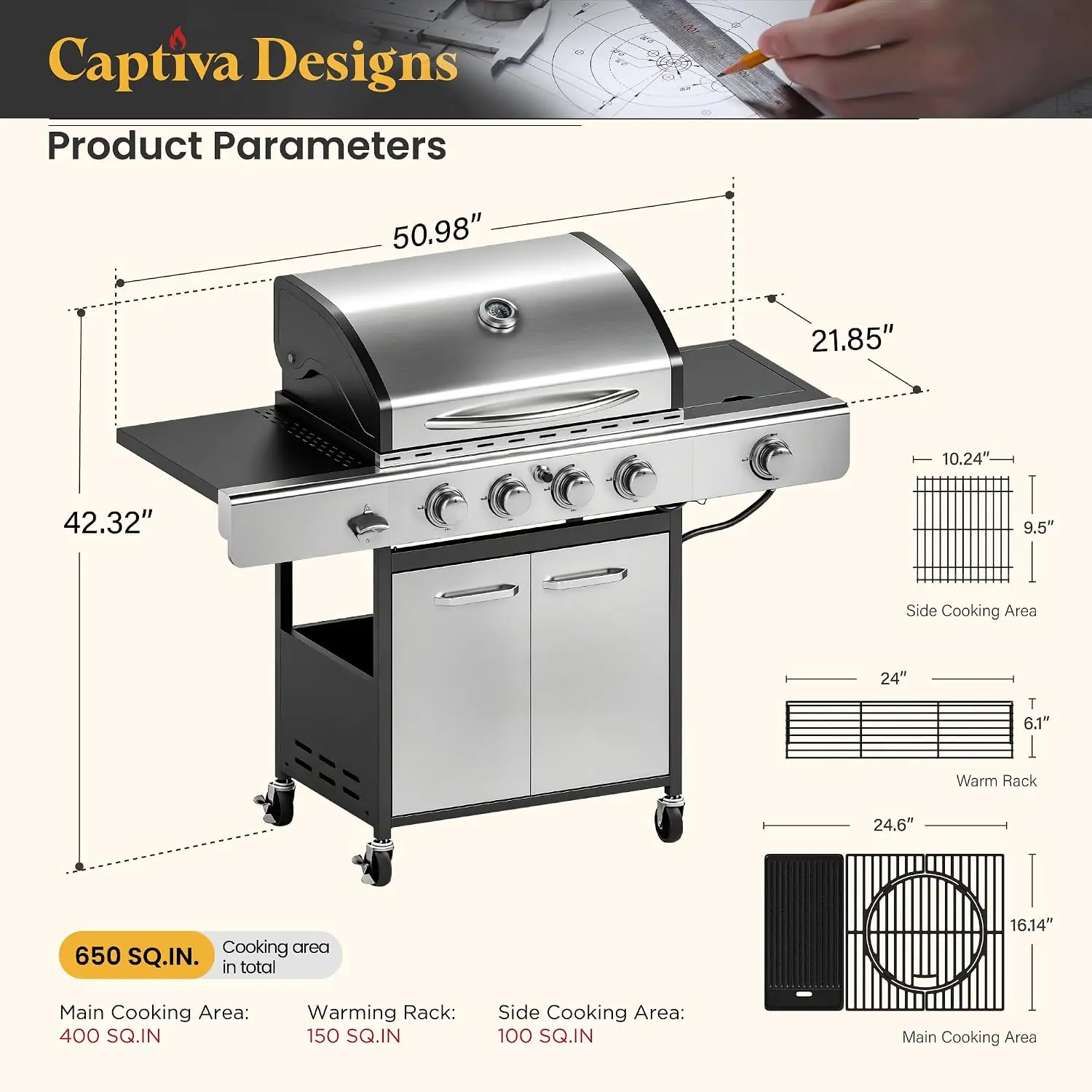 4 Burner Propane Gas BBQ Grills with Infrared Sear Burner, Custom - Image 2