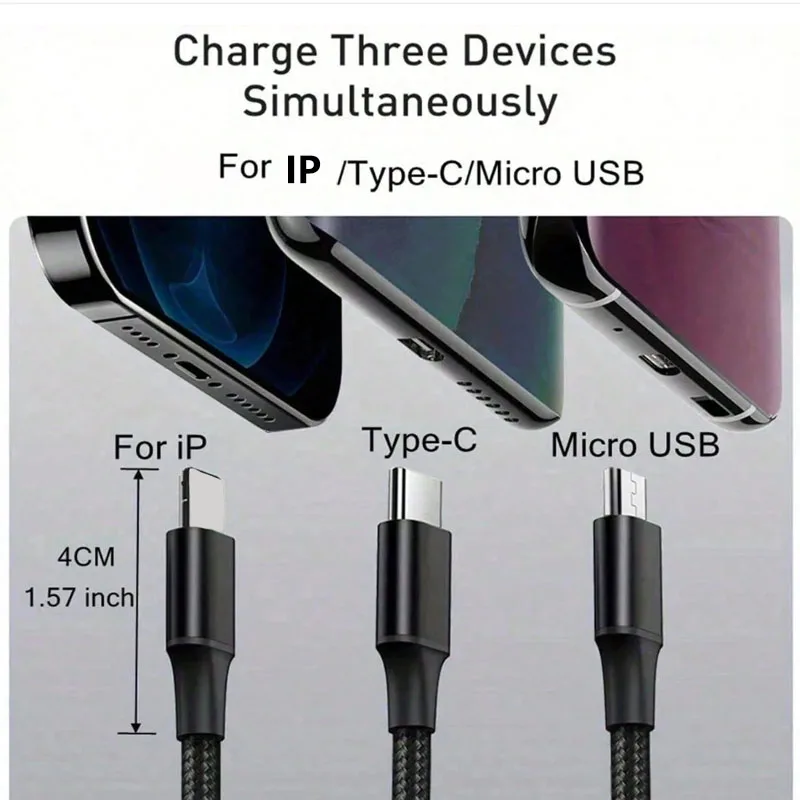 3-In-1 Braided Nylon Data Cable, 120cm/1.2m Long, Supports USB To Type-C, IP And… - Image 12
