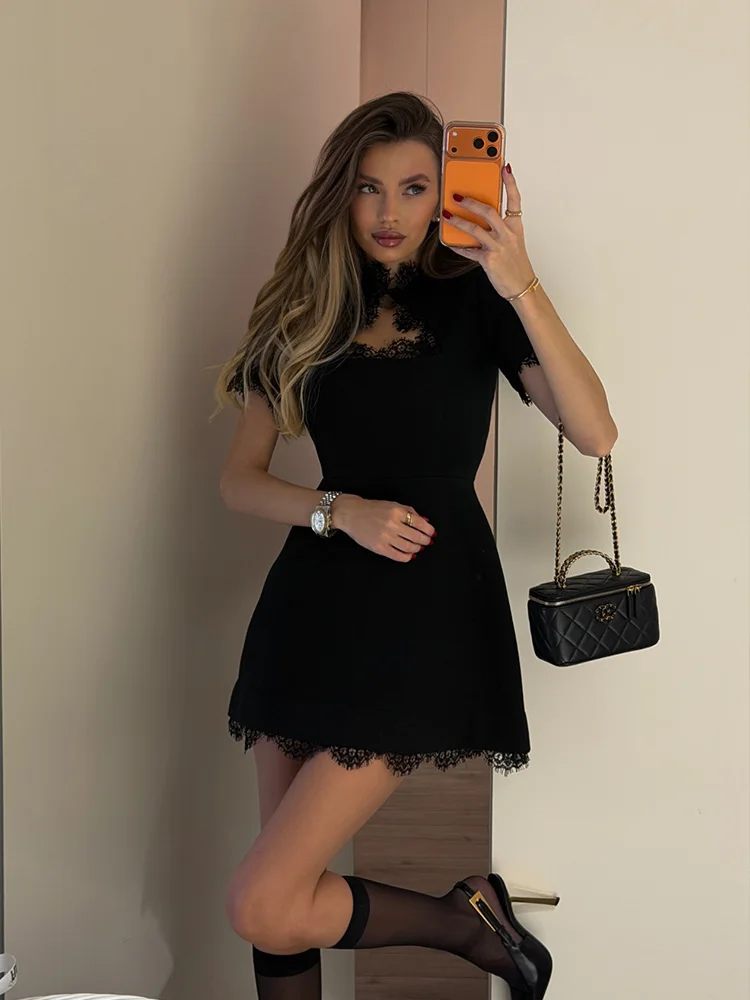 Ahagaga Sexy Women's Mini Dresses Patchwork Short Sleeves Lace Hollow Out Slim Fit… - Image 4