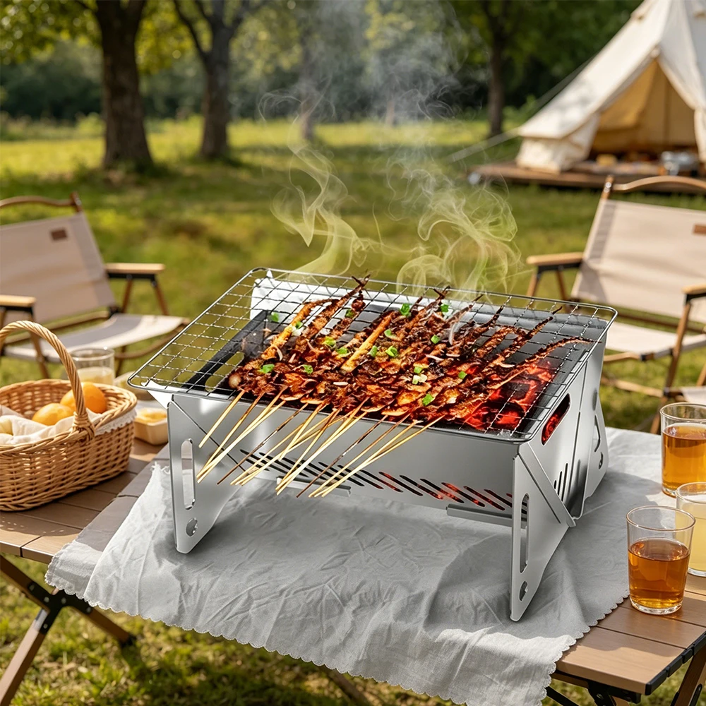 Compact Portable BBQ Grill Stainless Steel Folding Charcoal Stove with Carry Bag for Outdoor Camping Backyard & Picnic Use - Image 6