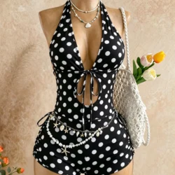 Classic Black and White Polka Dot Jumpsuit with Halter Neck, Tie Straps, Deep…