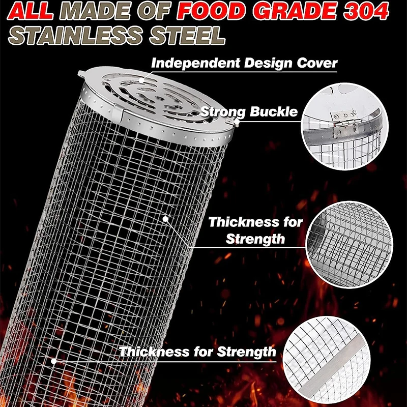 BBQ Basket Stainless Steel Rolling Grilling Basket Wire Mesh Cylinder Grill Basket Portable Round Outdoor Camping Barbecue Rack - Image 2